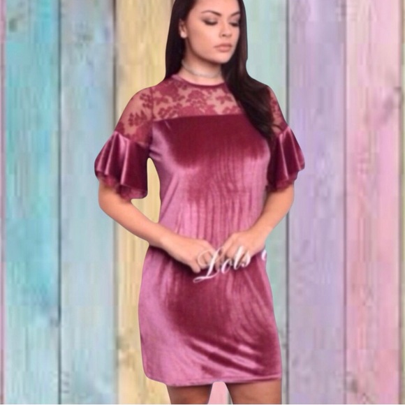 Dresses & Skirts - Dark Mauve Pink Velvet Lace Detail Short Ruffle Sleeve Plus Dress NEW